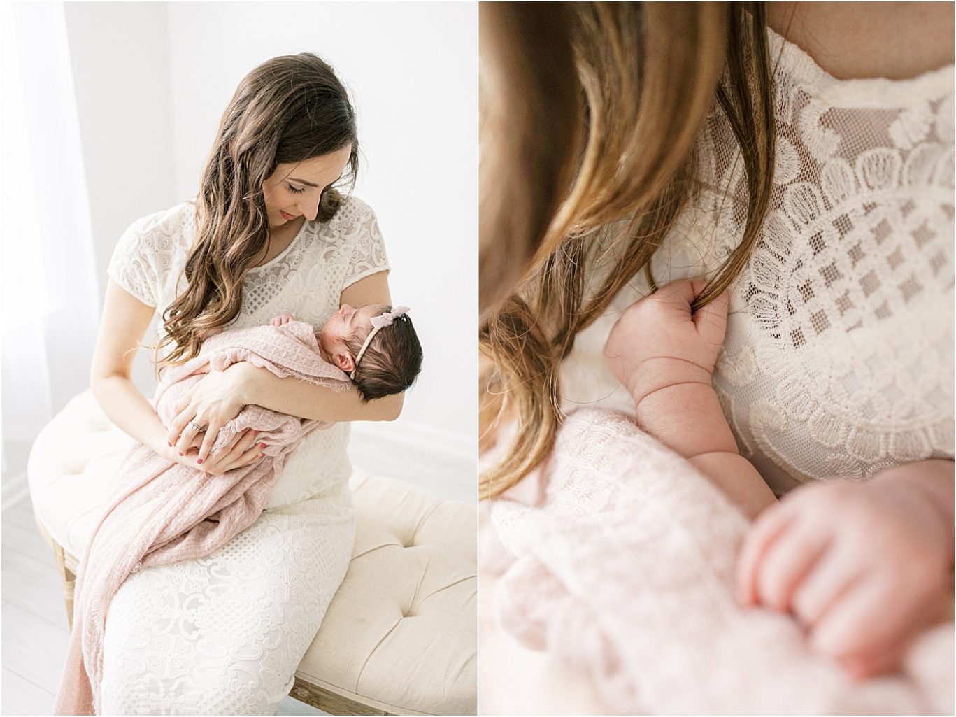Photos of Mom and her baby girl during her newborn session with Lindsay Konopa Photography.