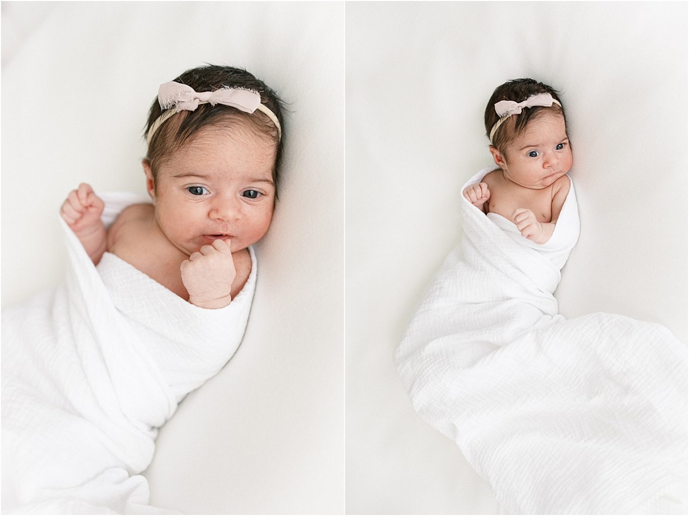 Newborn baby girl swaddled on a white blanket for newborn photos with Noblesville Indiana Newborn Photographer, Lindsay Konopa Photography.
