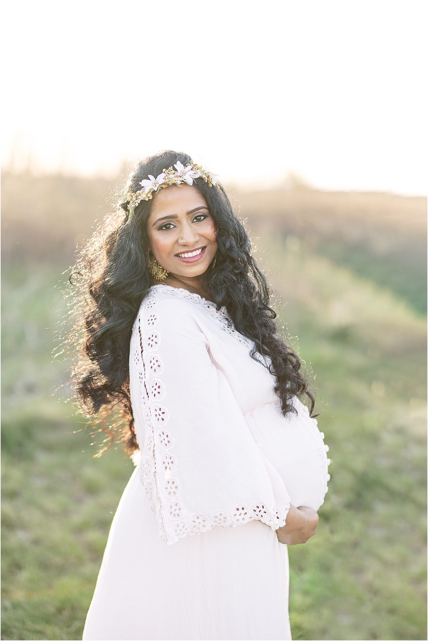 Sunset maternity session in field in Fishers. Photo by Lindsay Konopa Photography.