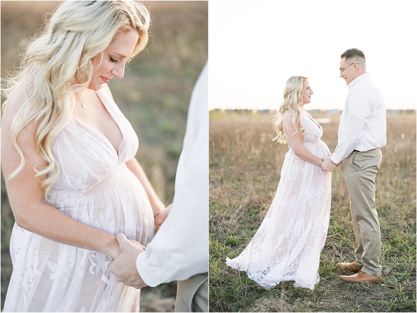 Sunset maternity photos for first-time parents in field in Fishers. Photos by Lindsay Konopa Photography.