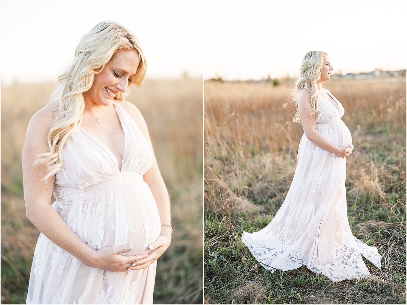 Pregnant mom in field at sunset in Fishers for maternity photos with Lindsay Konopa Photography.