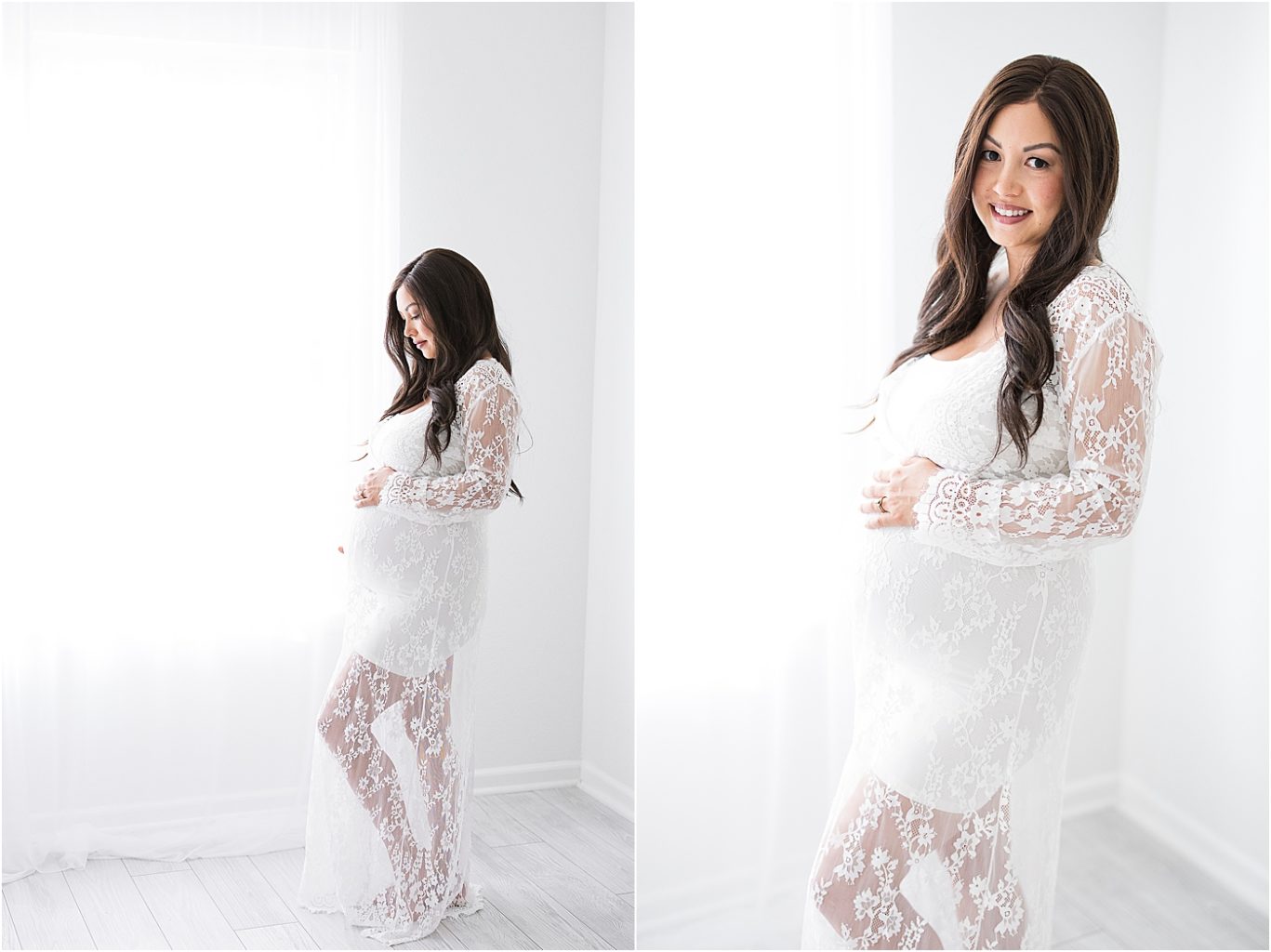 Mom wearing a white lace dress in studio in Fishers for maternity photos with Lindsay Konopa Photography.