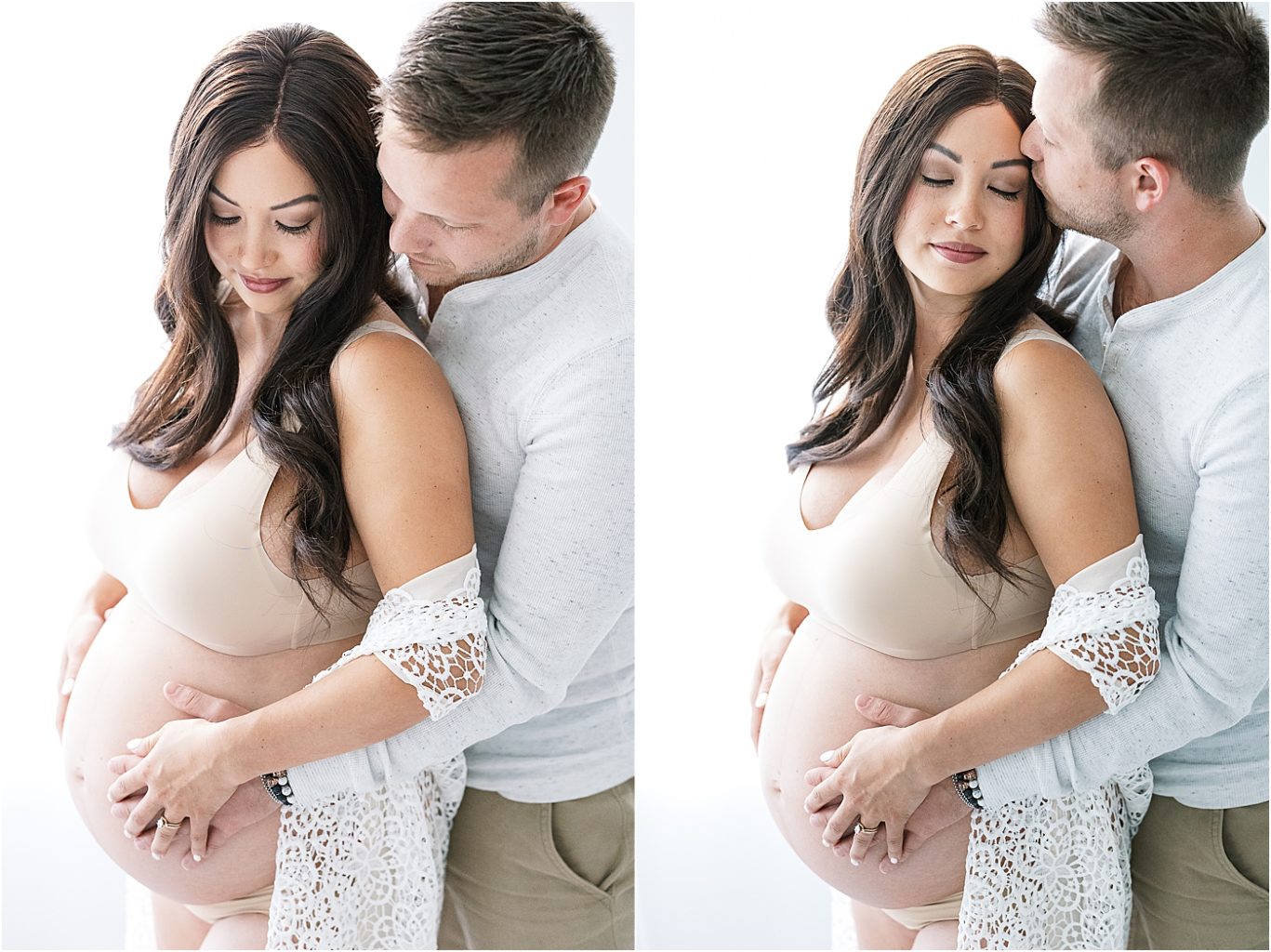 Husband and wife take beautiful, intimate photos during studio maternity session with Lindsay Konopa Photography.