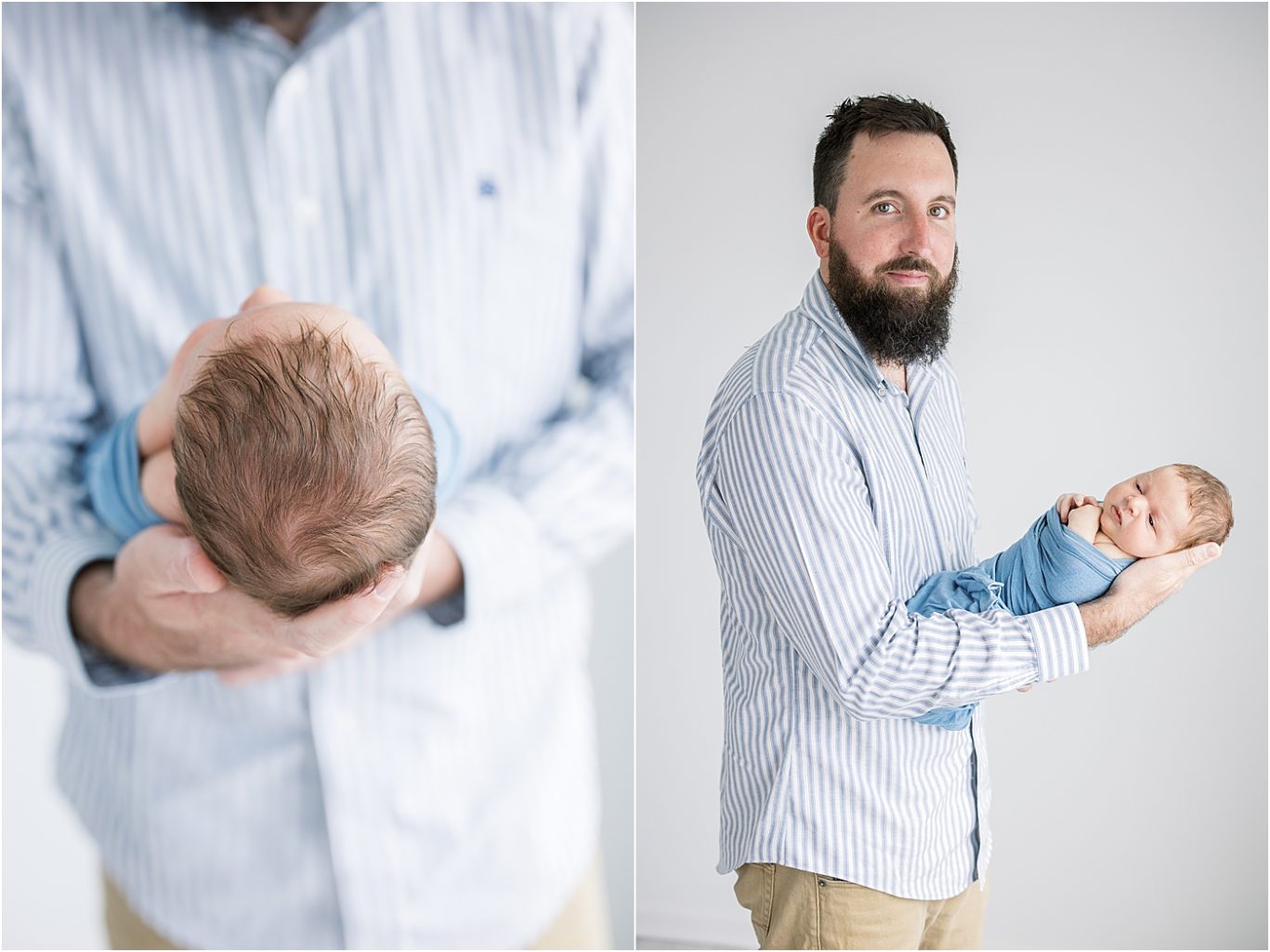 Dad holding his son for newborn photos in studio with Lindsay Konopa Photography.