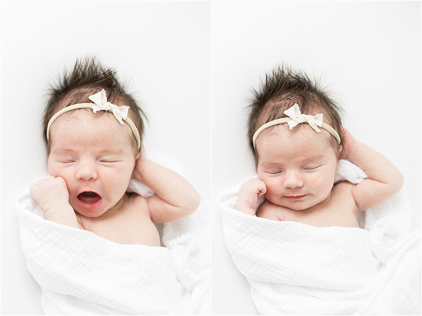 Baby girl swaddled in white with white bow | Lindsay Konopa Photography