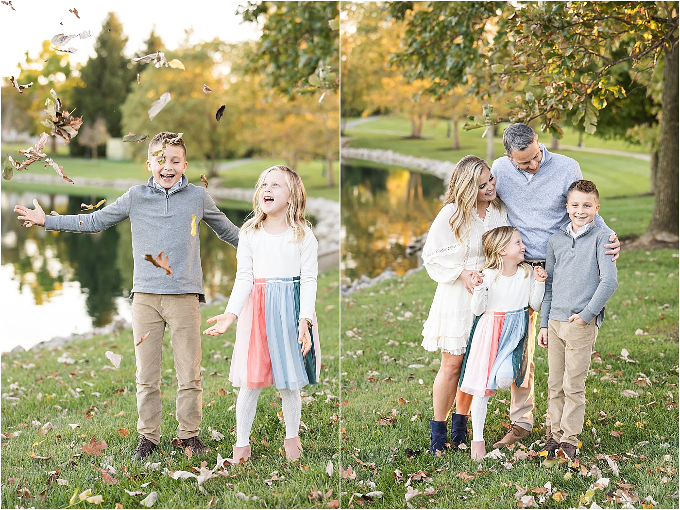 Children playing in the leaves during a fall family photoshoot in Carmel with Lindsay Konopa Photography.