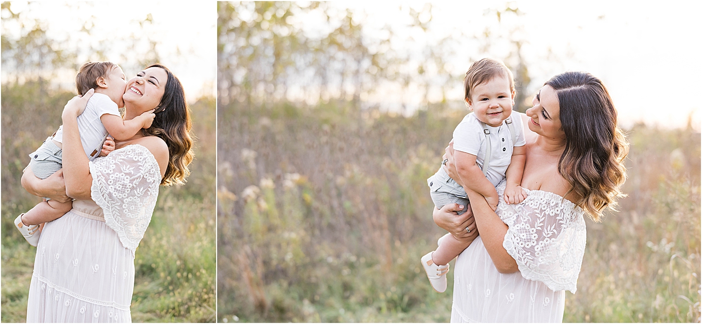 Mom with one year old son during sunset family session with Geist Family Photographer, Lindsay Konopa Photography.