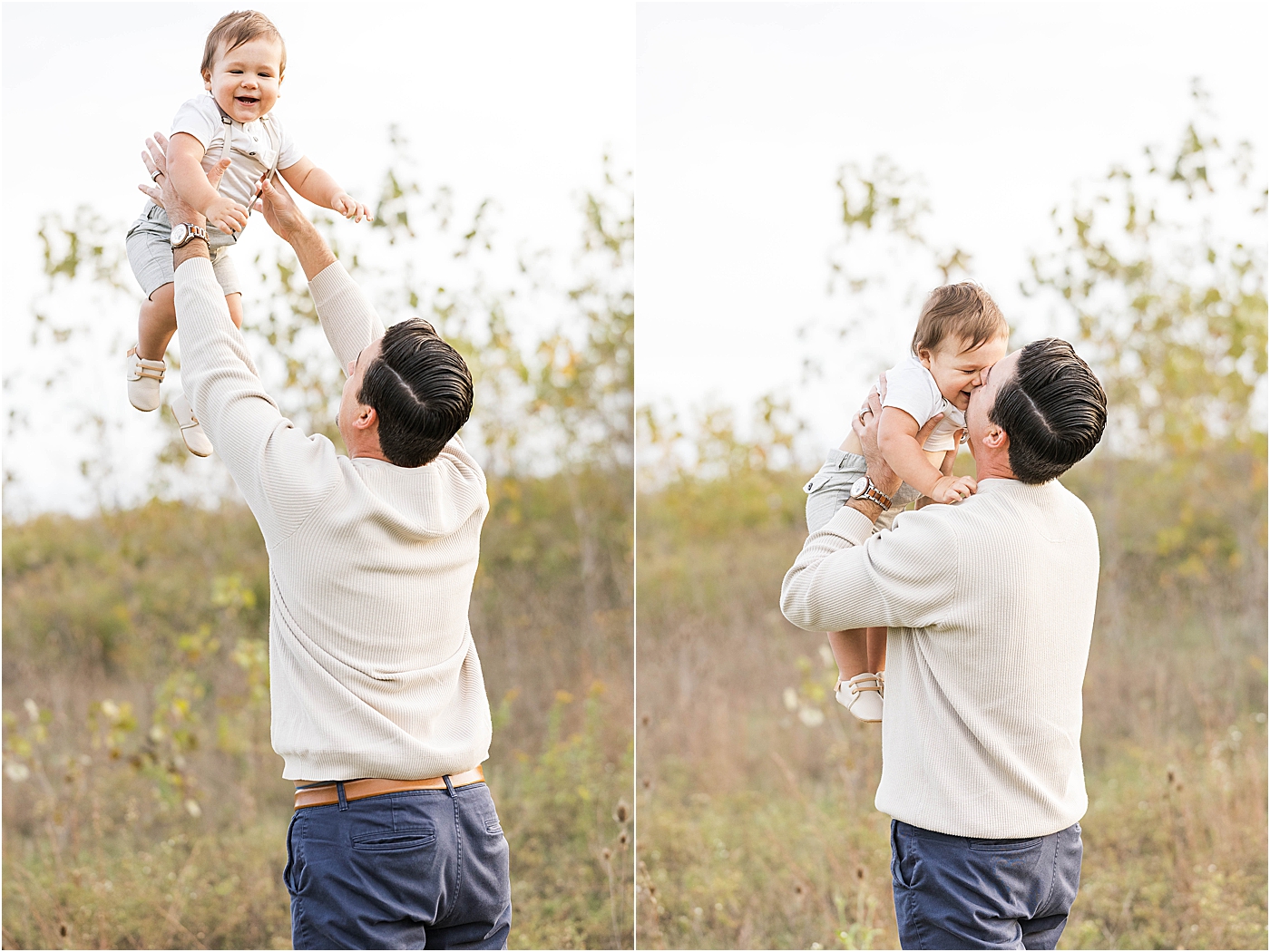 Dad playing airplane with son during first birthday session with Lindsay Konopa Photography.